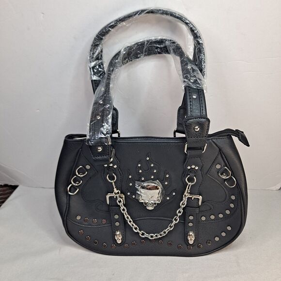 Unbranded Concealed Carry Hobo Bag Skull with Flames Western Goth Studded - Picture 1 of 13